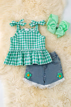 Load image into Gallery viewer, Green Gingham Ruffle Top &amp; Denim Shorts Set
