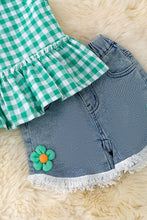 Load image into Gallery viewer, Green Gingham Ruffle Top &amp; Denim Shorts Set
