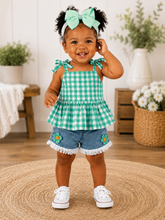 Load image into Gallery viewer, Green Gingham Ruffle Top &amp; Denim Shorts Set
